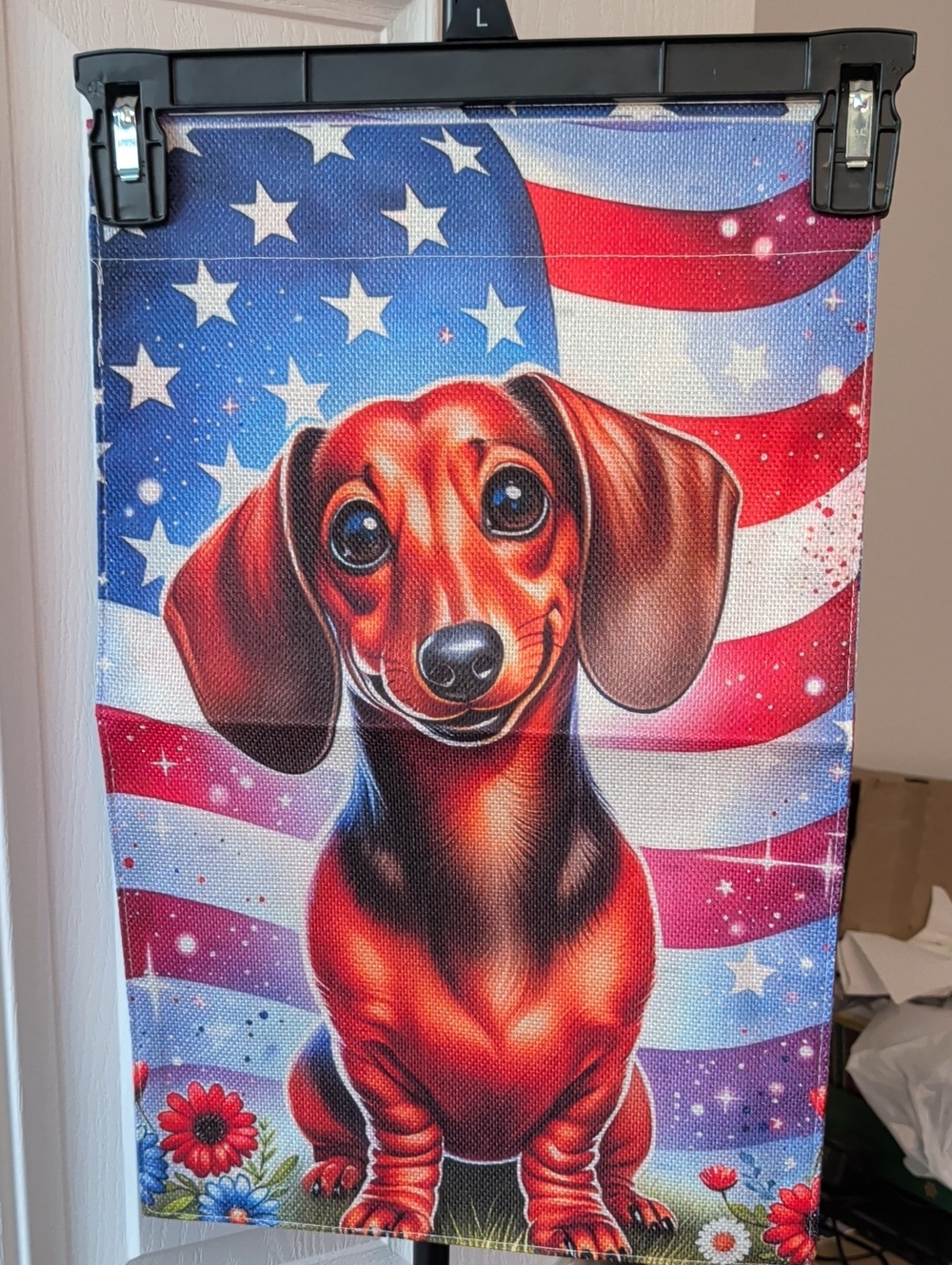 Patriotic Dachshund In Flowers Canvas Flag